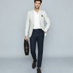 REISS NAVY BLUE SLIM FIT LINEN TROUSERS