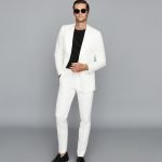 REISS IVORY COLOR LINEN BLEND SLIM FIT TUXEDO TROUSERS