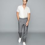 REISS GREY COLOR BELTED SLIM FIT TROUSERS