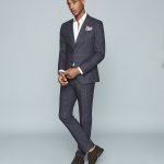 REISS NAVY BLUE TEXTURED SLIM-FIT TROUSERS
