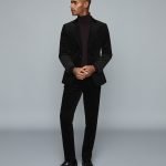 REISS BLACK COLOR SLIM FIT CORDUROY TROUSERS