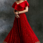 Off Shoulder Crop Top with Red Embroidered Lehenga
