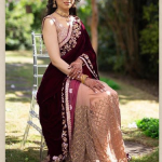 beige and maroon color party wear sari