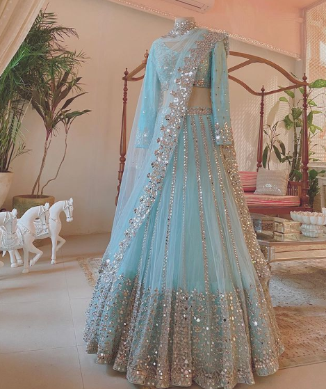Shafalie's Fashions Blue Mirror Work Lehenga India | Ubuy