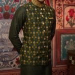 Green color kurta set with waistcoat