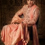 Peach embroidered sherwani with shawl