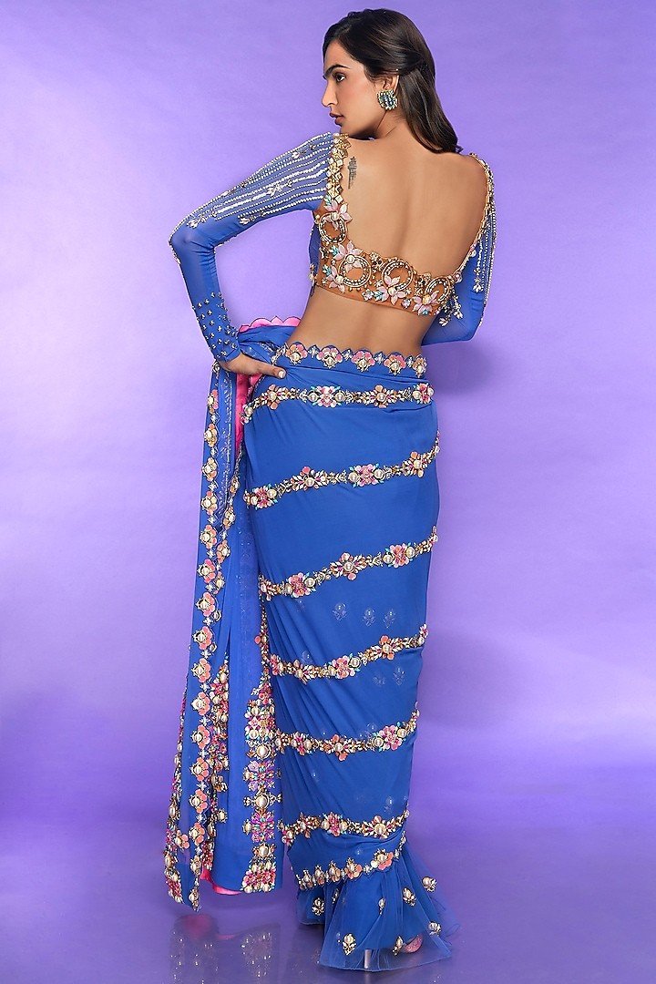 CHRISSY- BLUE PRE-STITCHED EMBELLISHED SAREE SET - Image 2