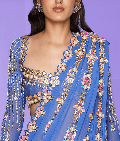 CHRISSY- BLUE PRE-STITCHED EMBELLISHED SAREE SET - Image 3