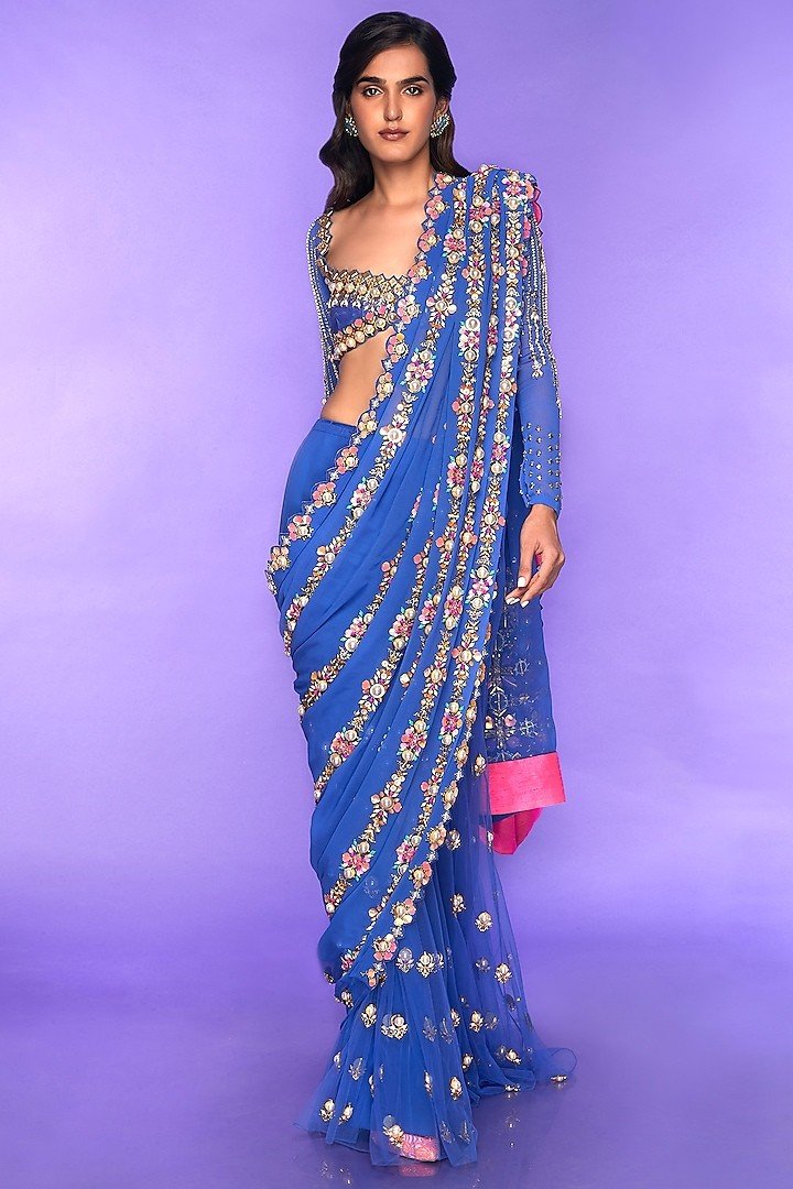 CHRISSY- BLUE PRE-STITCHED EMBELLISHED SAREE SET