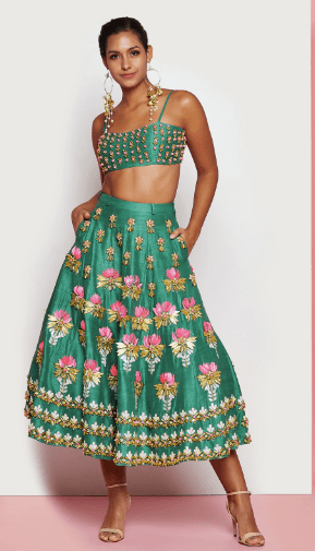 DARK GREEN EMBELLISHED HALF LEHENGA SET