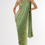 Olive Green Pre Stitched Embroidered Saree Set