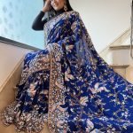 Blue colour petit embroidery sari