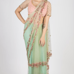 Mint Green & Peach Embroidered Saree Set