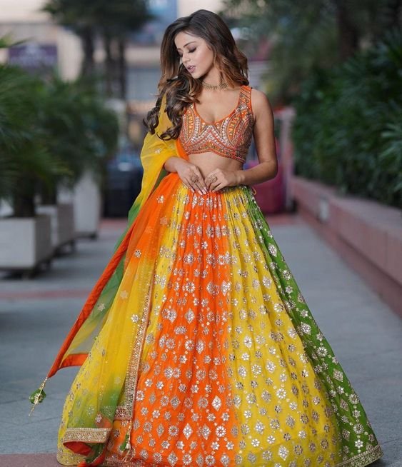 Multi color hand work lehenga