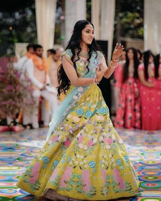 Mendhi green colour lehenga for haldi and mendhi