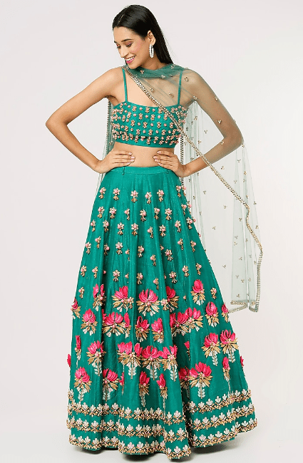 Dark Green Lehenga Set With Embroidery