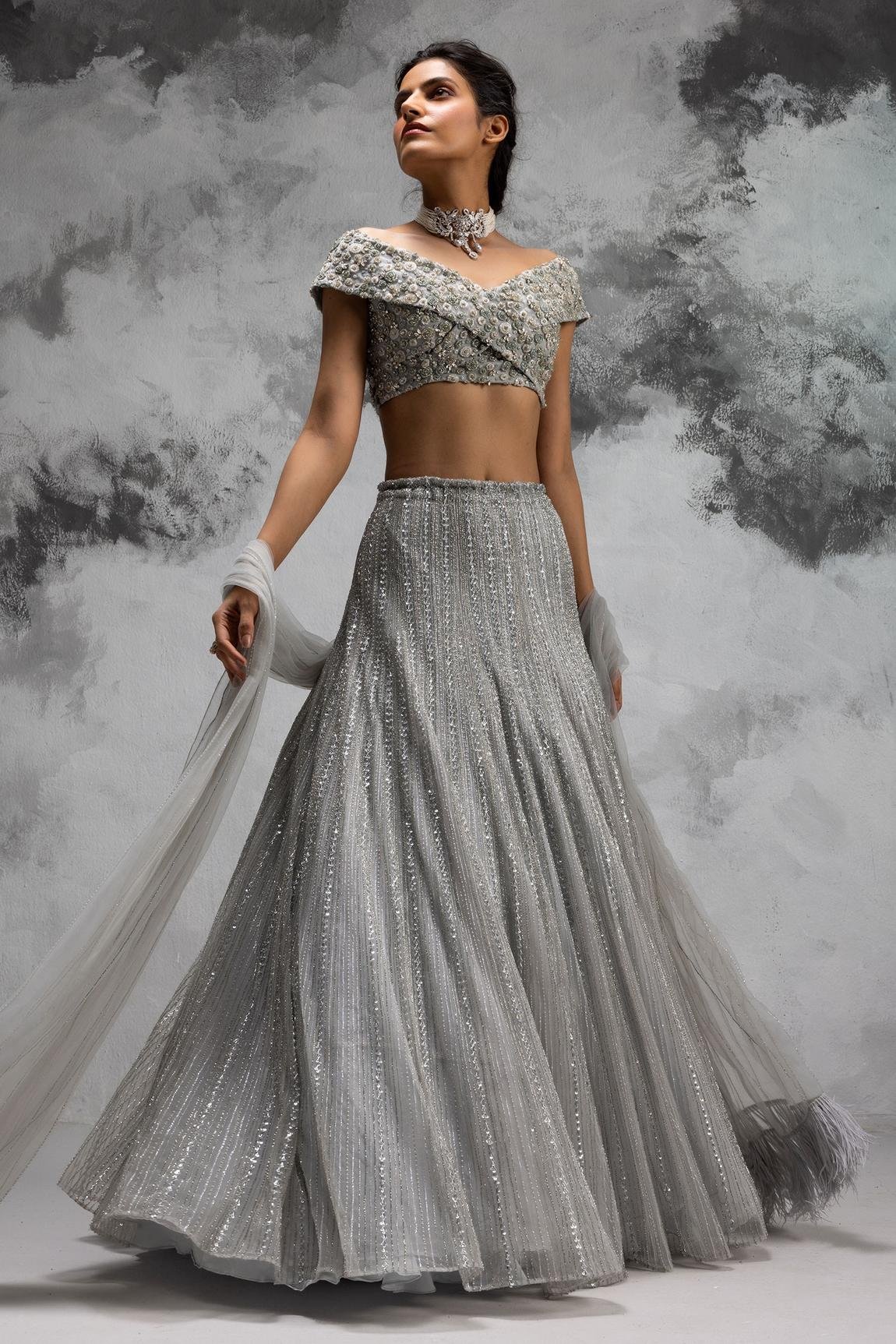 Blue Net Embroidered Lehenga Set