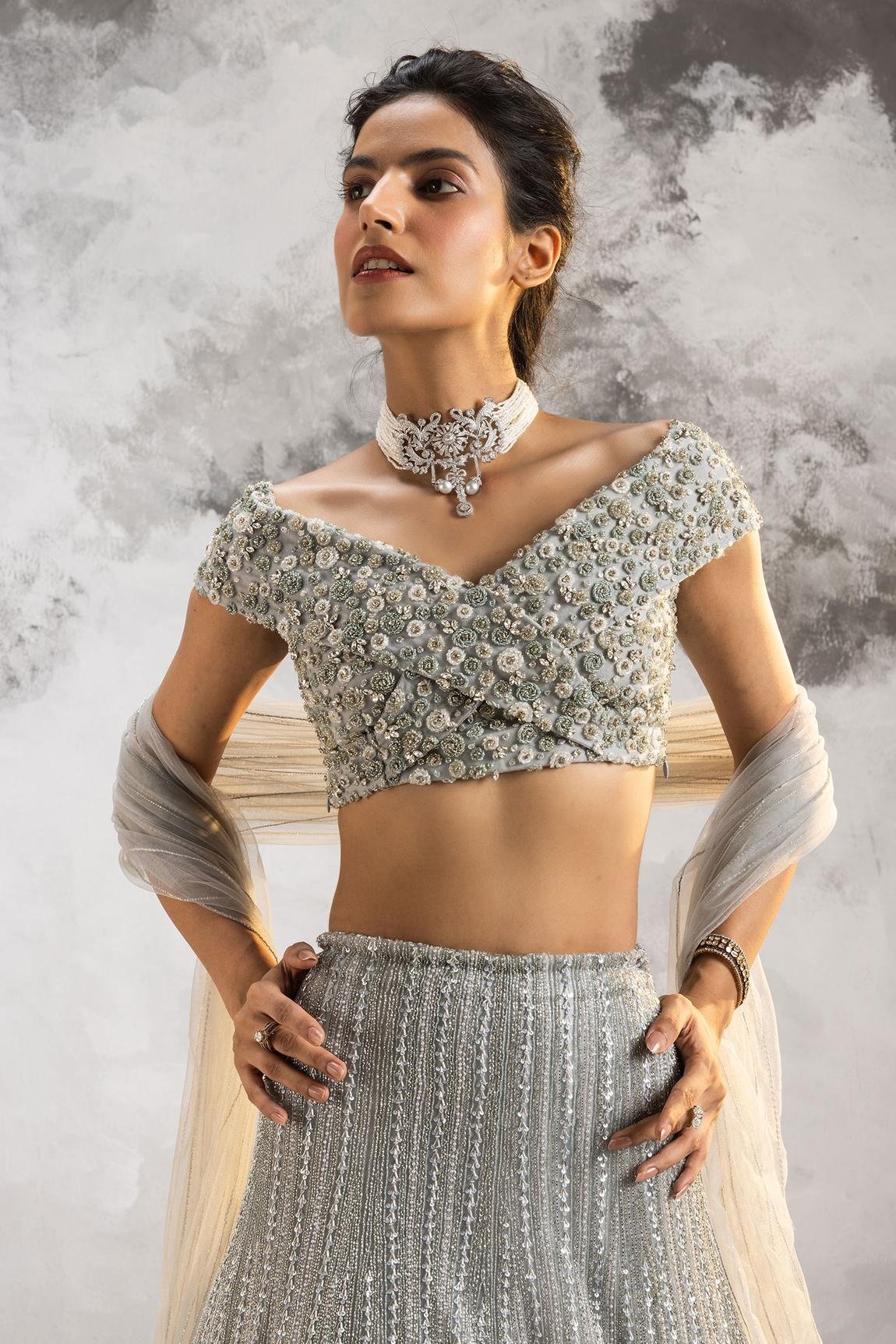 Blue Net Embroidered Lehenga Set - Image 3