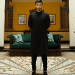 Black color raw silk sherwani