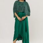 Green Organza Feather Crystal Embroidered Cape Skirt Set