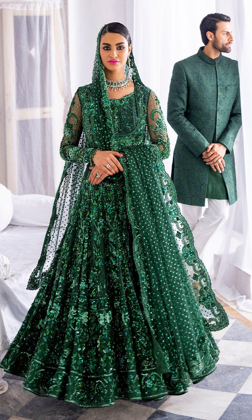 Emerald green color pearl work lehenga