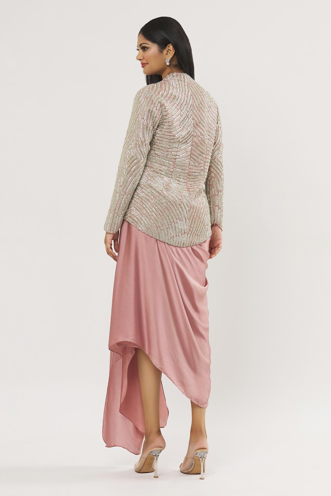 Pink Crystal Feather Embroidered Jacket With Skirt - Image 2