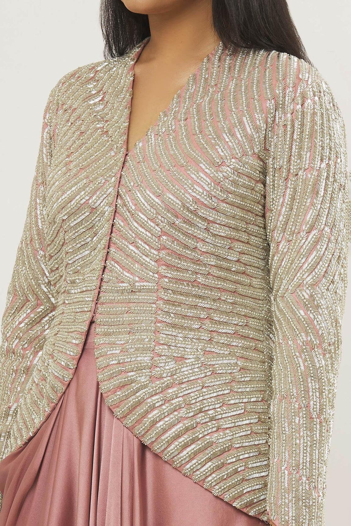 Pink Crystal Feather Embroidered Jacket With Skirt - Image 3