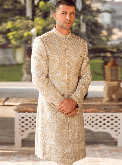 Golden color hand work indo western sherwani - Image 2