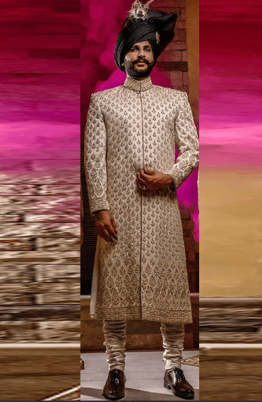 Golden color sherwani having all over embroidery