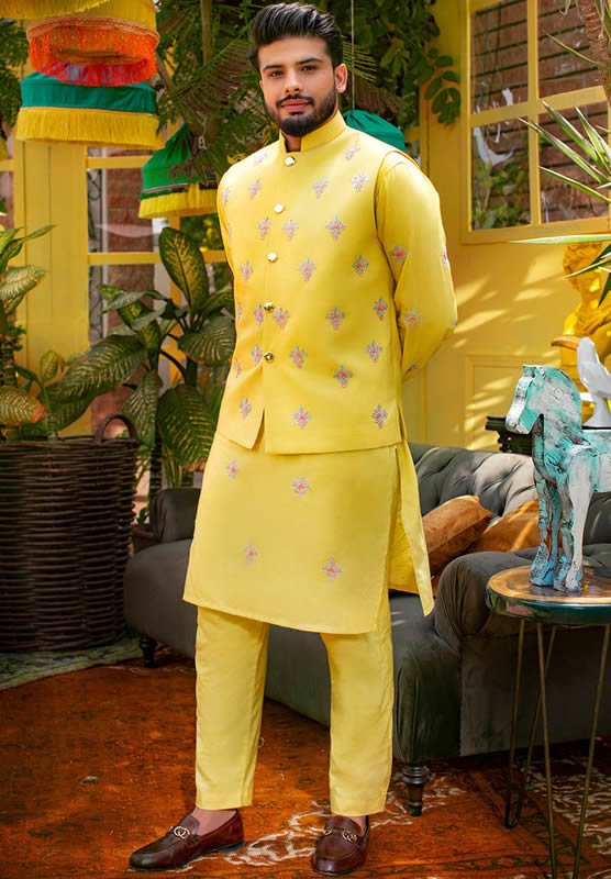 Lemon yellow color embroidered waist coat