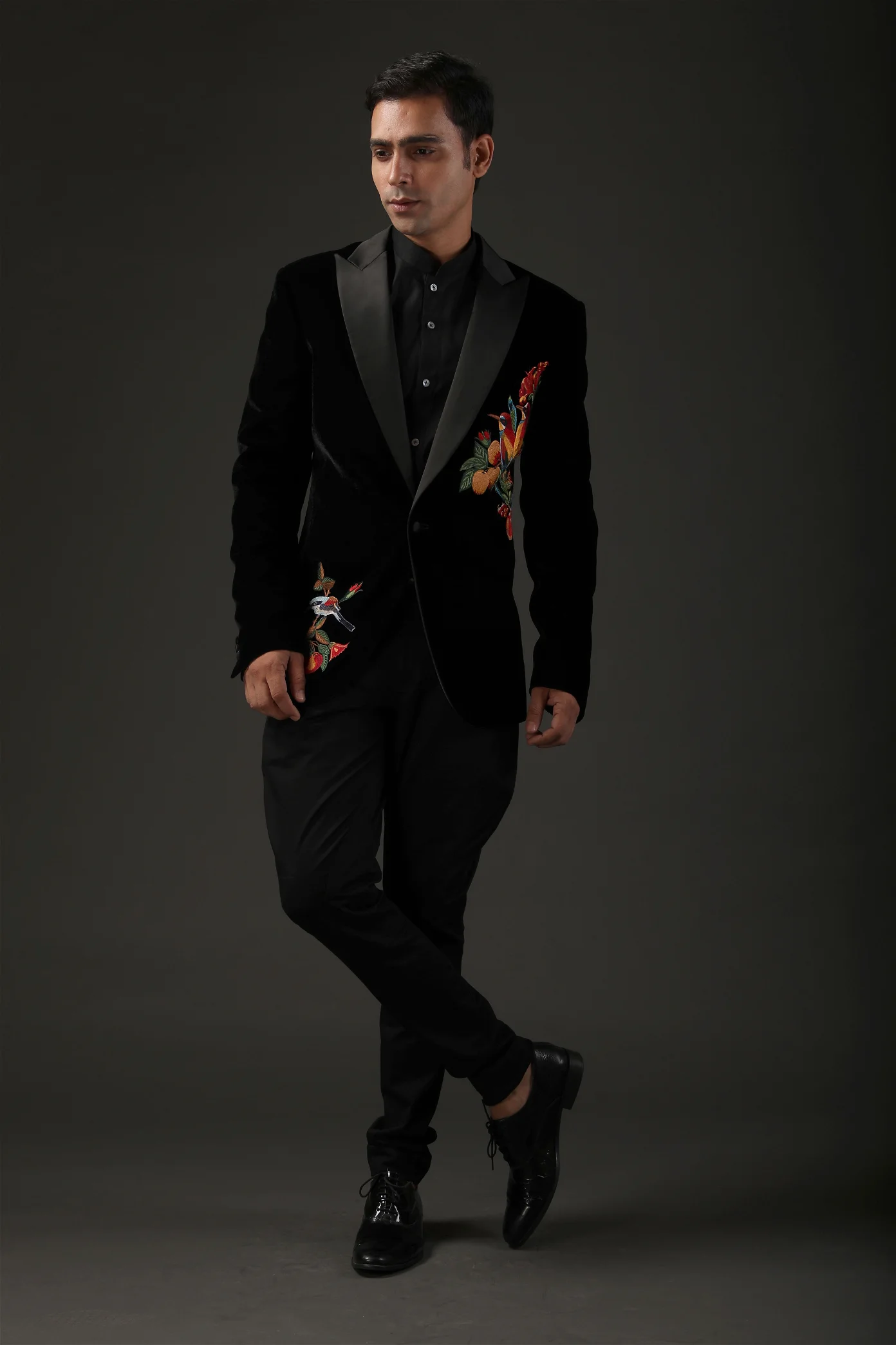 Black Silk Velvet Tuxedo with bird embroidery