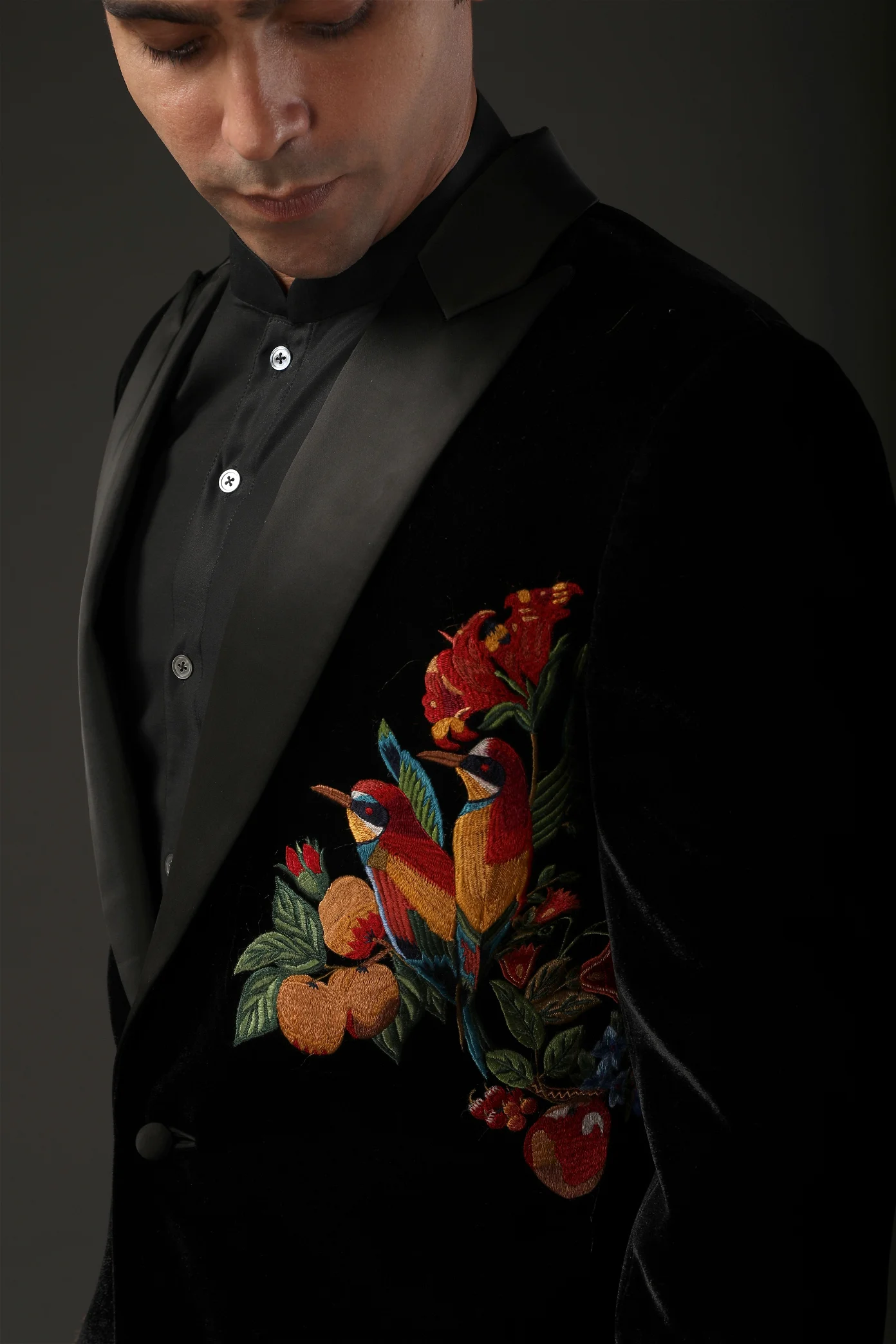 Black Silk Velvet Tuxedo with bird embroidery - Image 2