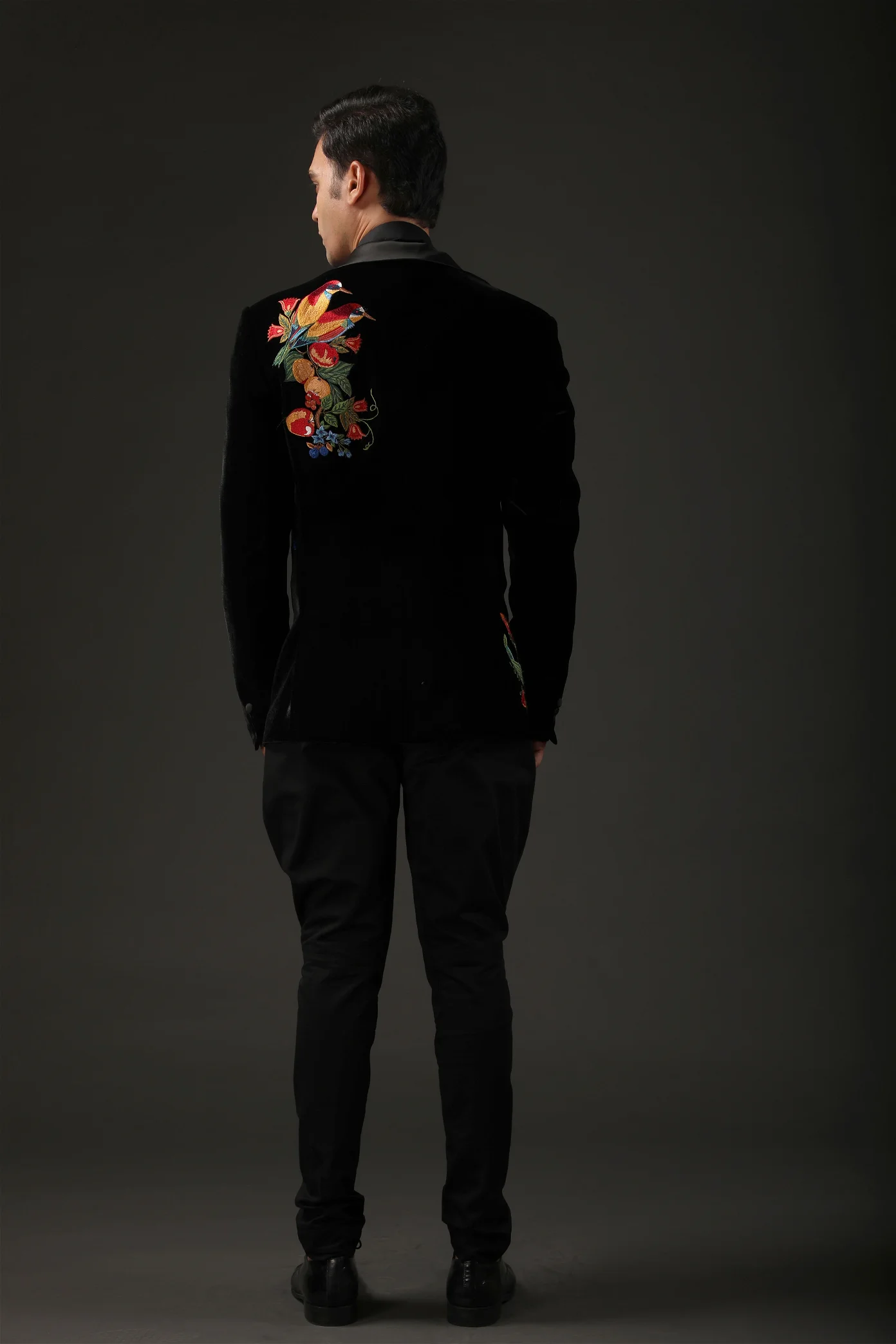 Black Silk Velvet Tuxedo with bird embroidery - Image 3