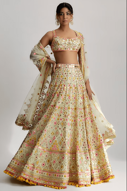 Mint Georgette Embroidered Lehenga Set