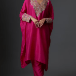 Fuchsia Pure Silk Embroidered Kaftan Set