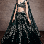 Bottle Green Velvet Embroidered Lehenga Set