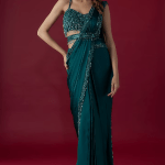 Teal Green Satin Sequins Embroidered Pre-Stitched Saree Set