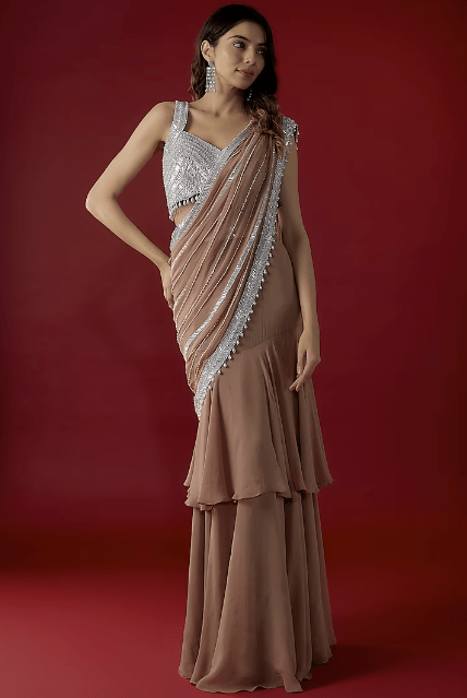 Beige Georgette Sequins Embroidered Pre-Stitched Saree Set