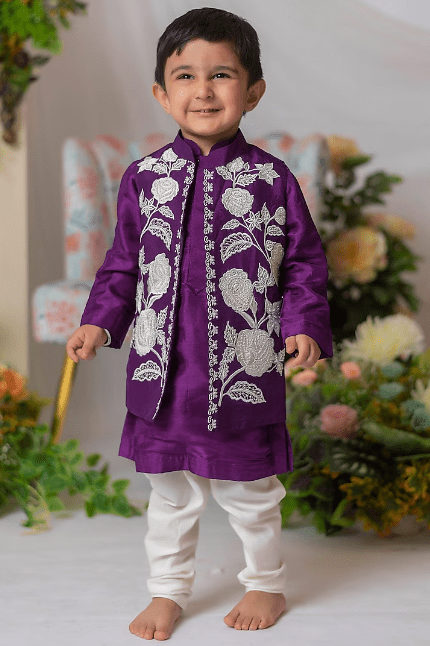 Purple Embroidered Bundi Jacket With Kurta Set For Boys