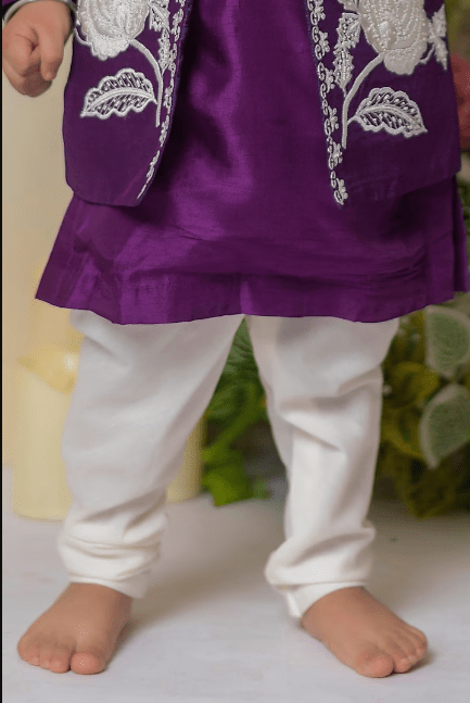 Purple Embroidered Bundi Jacket With Kurta Set For Boys - Image 2