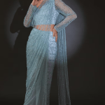 Mineral Blue Tulle Embroidered Draped Saree Set