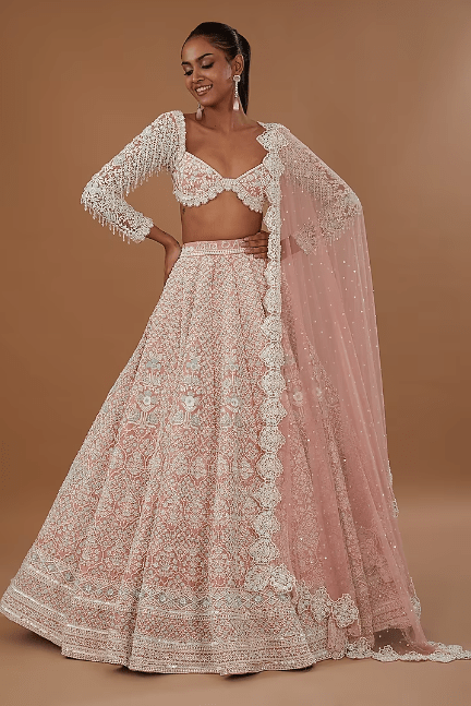 Rose Pink Pure Raw Silk Hand Embroidered Kalidar Lehenga Set