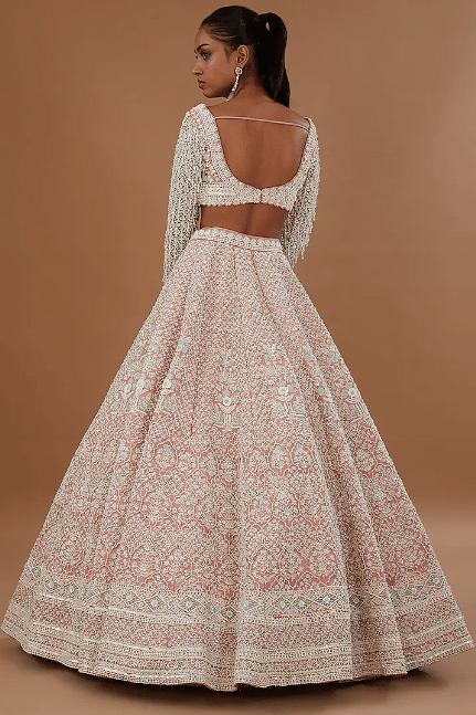 Rose Pink Pure Raw Silk Hand Embroidered Kalidar Lehenga Set - Image 3