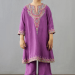Plum Purple Hand & Machine Embroidered Kurta Set For Girls