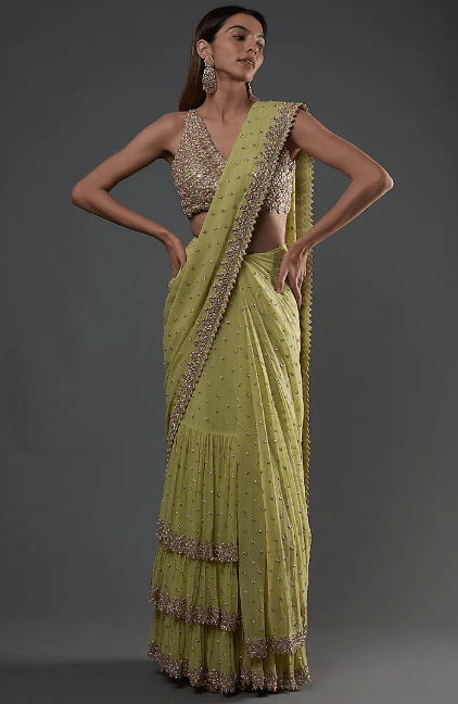 Mint Green Georgette Embroidered Lehenga Saree Set