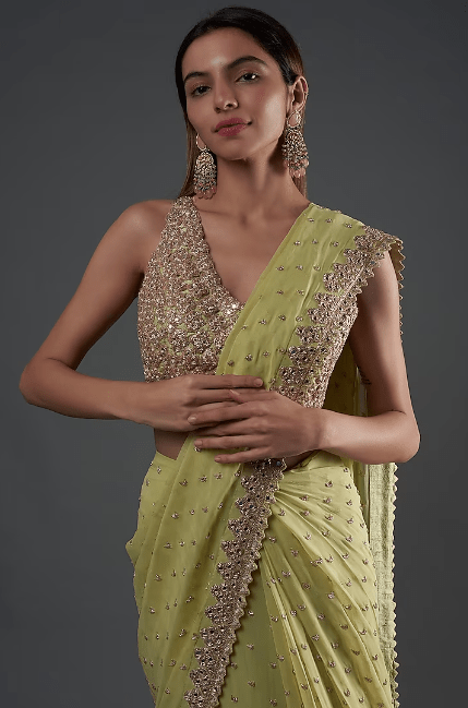 Mint Green Georgette Embroidered Lehenga Saree Set - Image 3