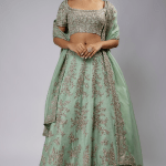 Mint Raw Silk Embroidered Lehenga Set