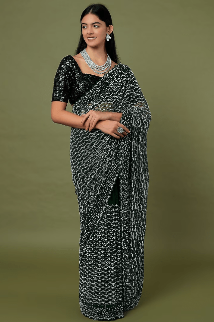 Dark Green Embroidered Saree Set