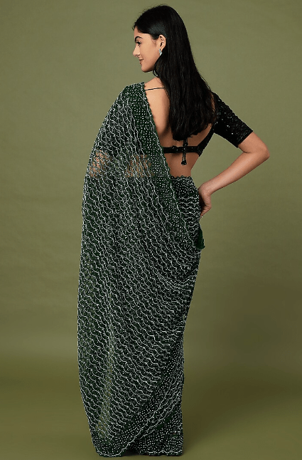 Dark Green Embroidered Saree Set - Image 3