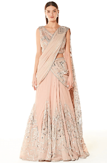 Blush Peach Georgette Embroidered Lehenga Saree Set